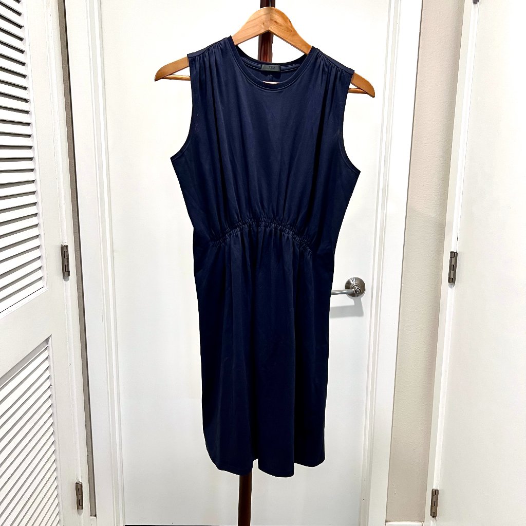 Atm - Sleeveless Ruched Pima Cotton Knit Jersey Dress Size Small - Navy